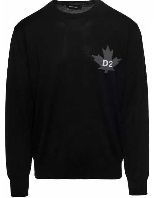 Dsquared2 d2 Leaf Black Sweater With Jacquard Logo At The Front In Wool Man