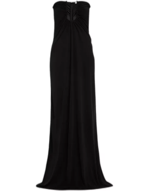 Arced Palm Strapless Ruched U-Ring Column Maxi Dres