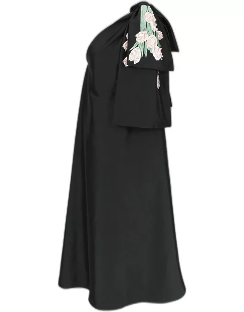 Winnie One-Shoulder Floral-Embroidered Dress with Bow Shoulder
