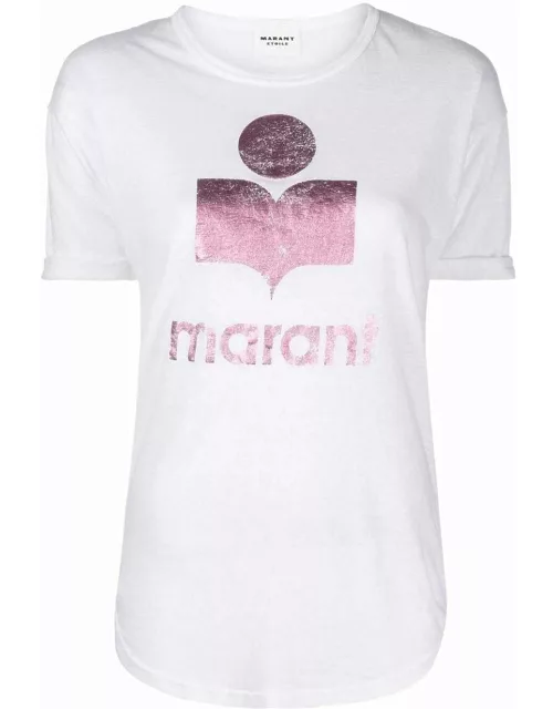 White T-shirt with metallic pink logo print