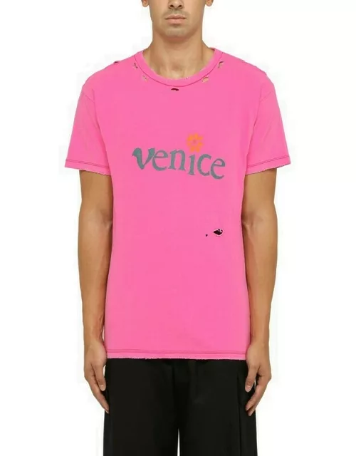 Pink crew-neck T-shirt with wear