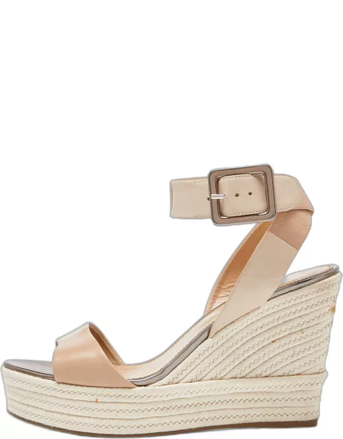 Sergio Rossi Beige Leather Espadrille Wedge Ankle Strap Sandals