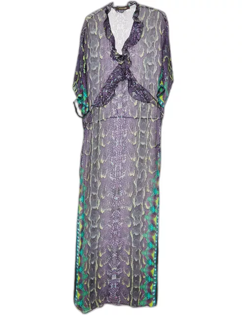 Roberto Cavalli Multicolor Printed Silk Ruffle Detail Maxi Dress