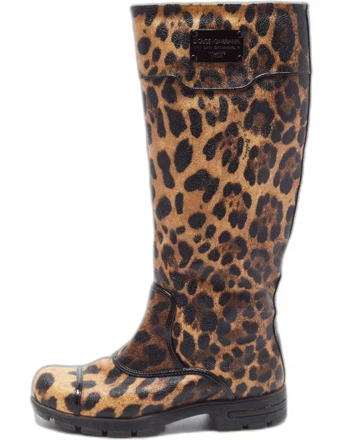 Dolce & Gabbana Brown Coated Canvas Leopard Print Knee Length Boot