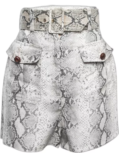 Zimmermann Grey/White Snake Printed Linen Belted High Waist Shorts