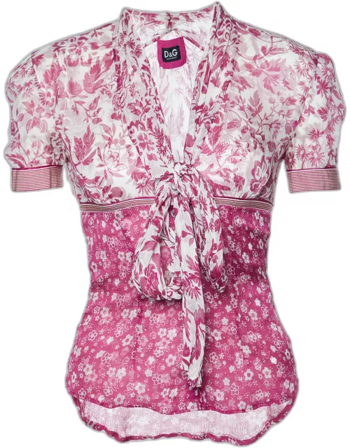 D & G Pink Floral Printed Silk Neck Tie Detail Top