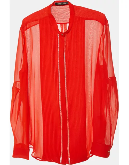 Roberto Cavalli Coral Red Silk Pintuck Detail Button Front Shirt