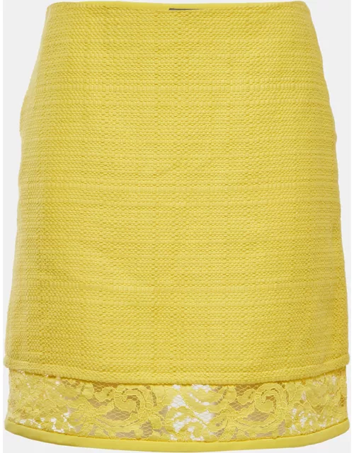 Alberta Ferretti Yellow Patterned Cotton Lace Trimmed Mini Skirt