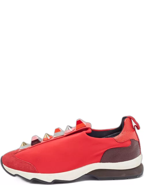 Fendi Red/Brown Neoprene and Lizard Embossed Leather Studded Slip On Sneaker