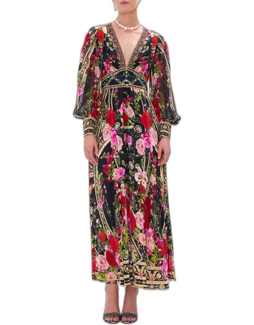 Shaped Waistband Silk Dress with Gathered Sleeve