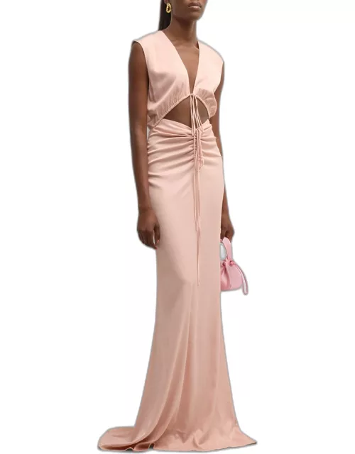 Plunging Shirred Cutout Sleeveless Stretch Satin Maxi Dres