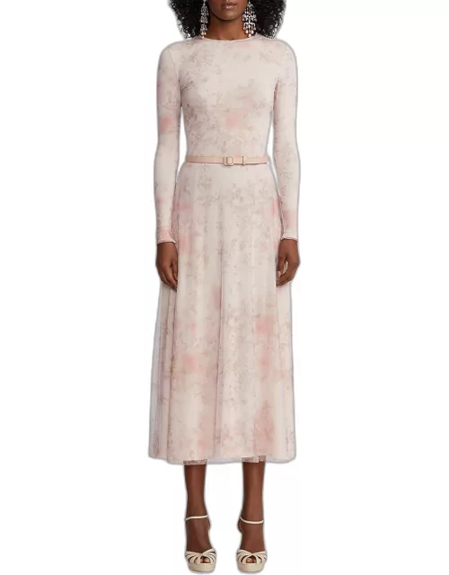 Painted Garden Long-Sleeve Tulle Midi Dress With Leather Belt