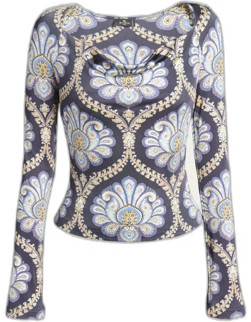 Printed Jersey Open-Neck Knit Top