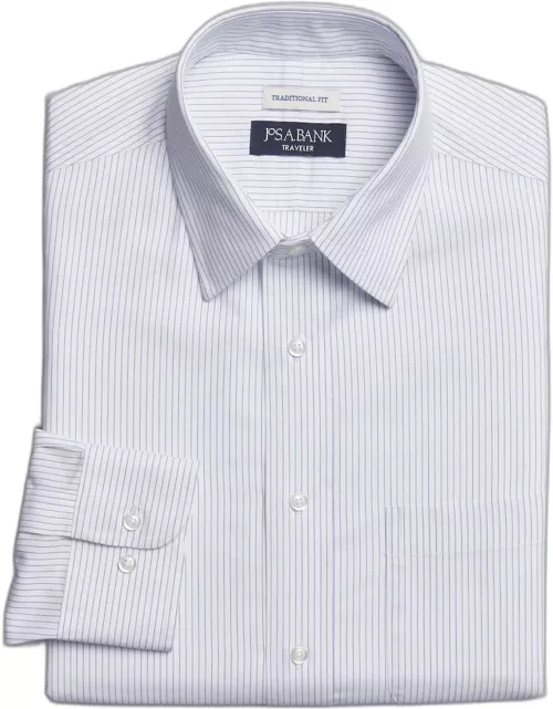 JoS. A. Bank Big & Tall Men's Traveler Collection Traditional Fit Point Collar Stripe Dress Shirt , Blue, 19 34