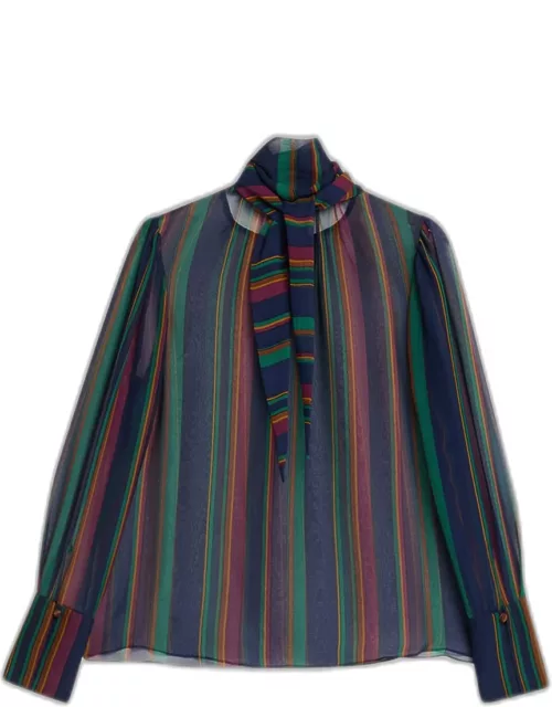 Stripe Scarf-Neck Silk Top