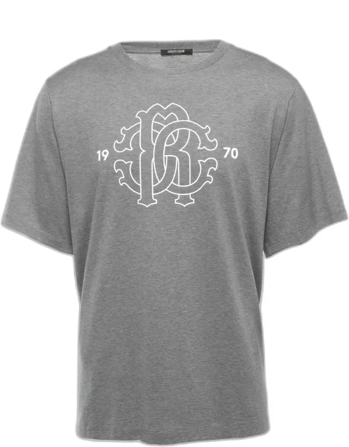 Roberto Cavalli Grey Logo Print Cotton Crew Neck Half Sleeve T-Shirt