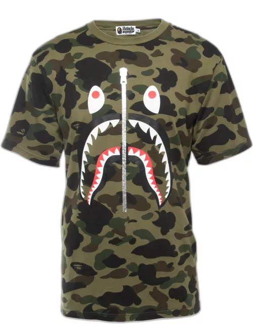 A Bathing Ape Military Green Camo Shark Print Cotton Crew Neck Half Sleeve T-Shirt