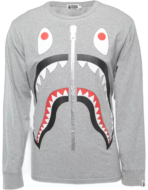 A Bathing Ape Grey Shark Print Cotton Crew Neck Long Sleeve T-Shirt