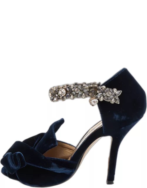 N°21 Navy Blue Velvet Crystal Embellished Ankle Strap Sandal