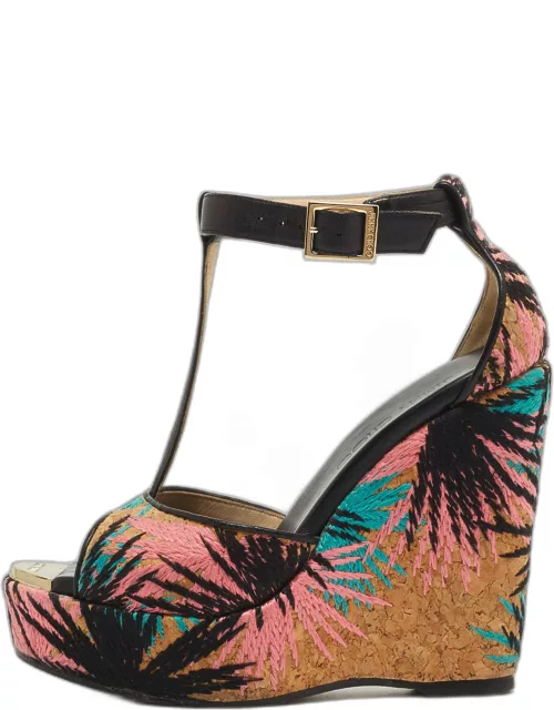 Jimmy Choo Brown Embroidered Cork and Leather T-Strap Platform Wedge Sandal