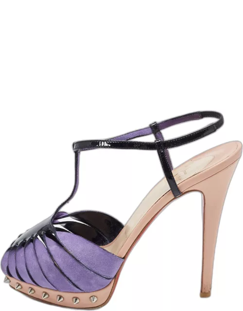 Christian Louboutin Purple/Black Suede and Patent Leather Zigounette Spiked Slingback Sandal