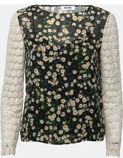Moschino Cheap and Chic Black Floral Printed Crochet Sleeve Top
