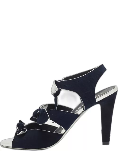Chanel Navy Blue Suede Knotted Bow Ankle Strap Sandal