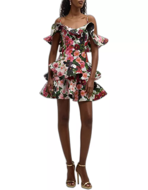 Hollyhocks Floral-Print Off-The-Shoulder Ruffle Mini Dres