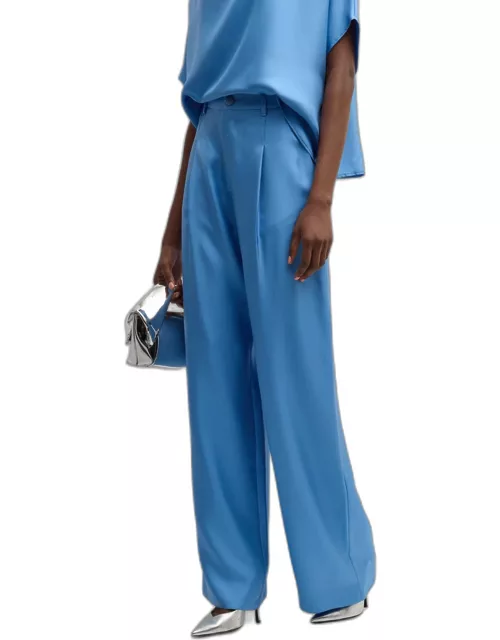 High-Rise Pleated Organic Silky Twill Relaxed Straight-Leg Pant