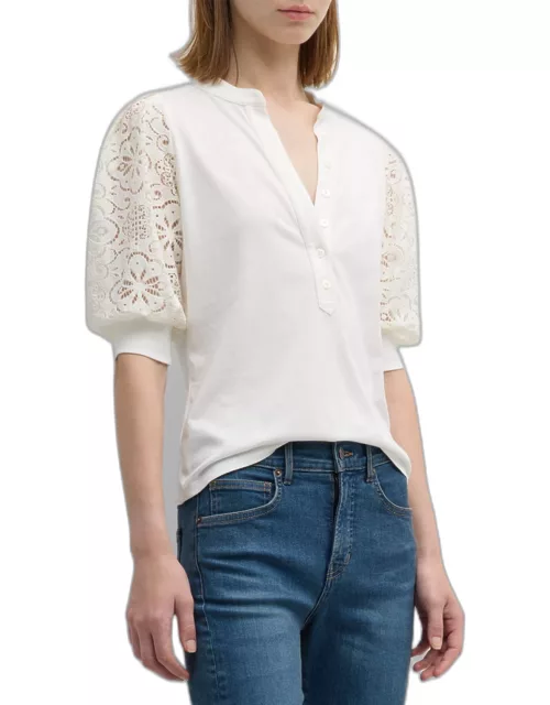 Coralee Knit Button-Front Eyelet Sleeve Top