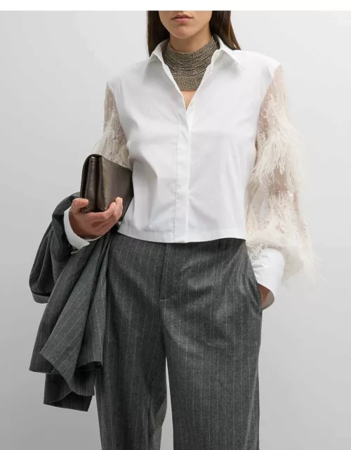 Button-Front Cotton Shirt with Ostrich Feather Sleeve