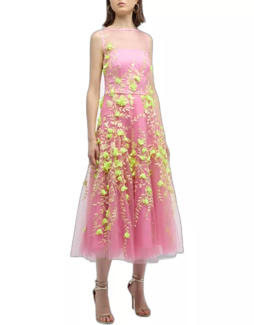 Sleevelesss Tulle Floral Embroidered Midi Dres