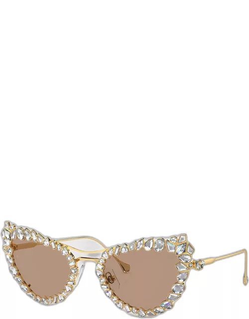 Crystal-Embellished Golden Metal Cat-Eye Sunglasse