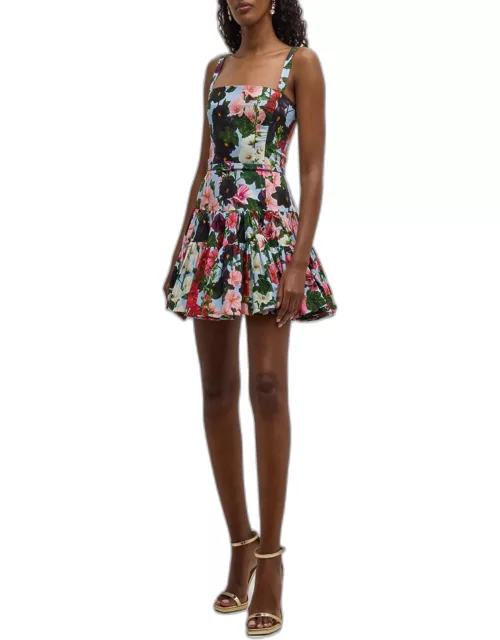 Hollyhocks Floral-Print Tiered Sleeveless Belted Mini Dres