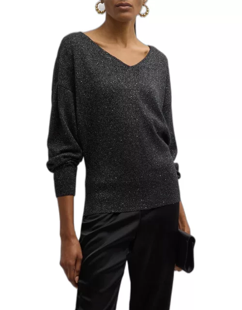 Heathered V-Neck Sequin Sweater