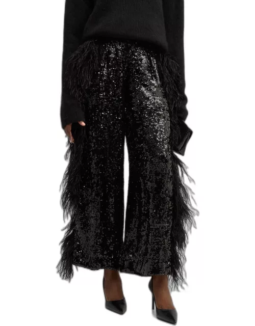 Feather Side-Stripe Sequin Relaxed Wide-Leg Trouser