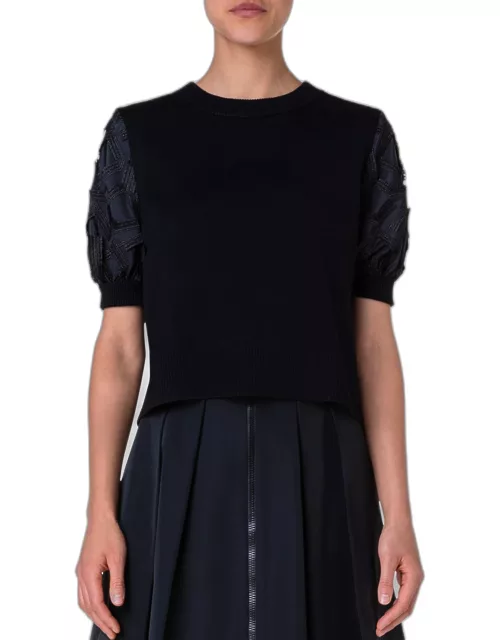 Wool Knit Top with Embroidered Bishop Sleeve