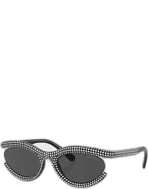 Embellished Semi-Rimmed Plastic Oval Sunglasse