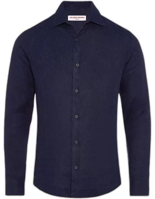 Giles Linen - Navy Cutaway Collar Tailored Fit Linen Shirt