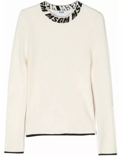 MSGM Cream Ribbed Sweater With Logo On Neck