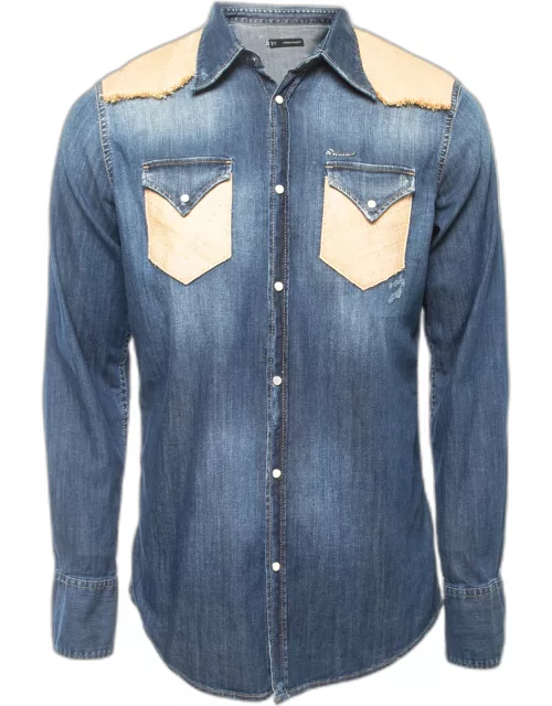 Dsquared2 Blue Washed Denim Raphia Trimmed Button Front Full Sleeve Shirt