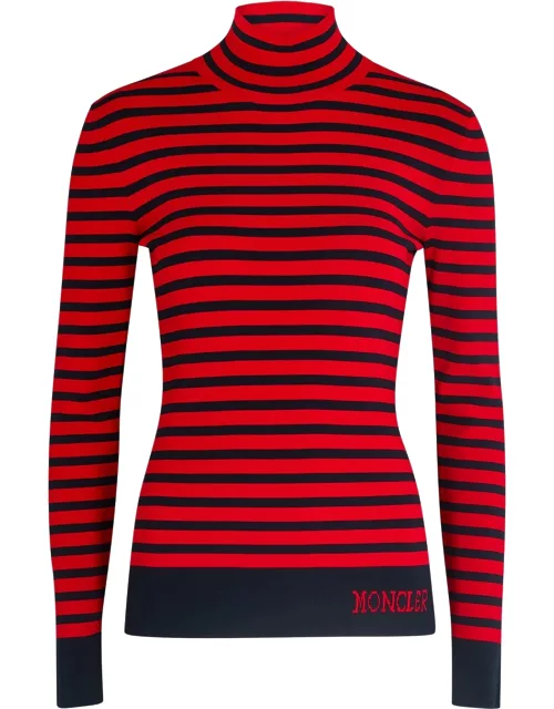 Moncler Lupetto Striped Stretch-knit Top, Red, Striped, High-neck