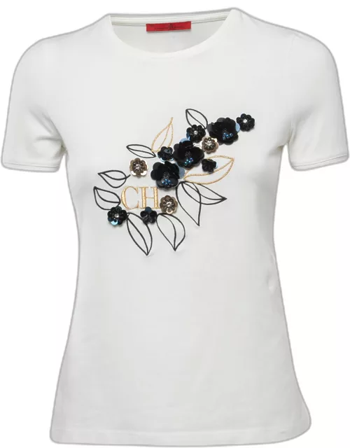CH Carolina Herrera White Floral Embellished Cotton Short Sleeve T-Shirt