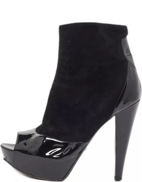 Sergio Rossi Black Patent And Suede Leather Baltimora Peep Toe Platform Ankle Boot