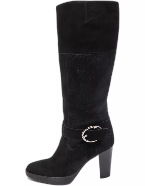 Tod's Black Suede and Calf Hair Knee High Boot