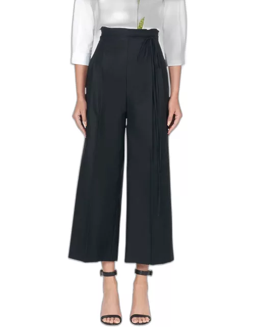 High-Rise Pleated Wide-Leg Crop Pants With Waist Tie