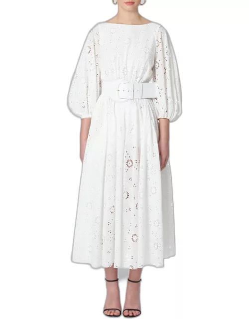 Shirred Puff-Sleeve Broderie Anglaise Midi Dres