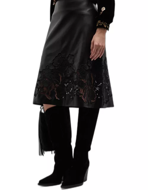 Enid Cutwork Lace Vegan Leather Midi Skirt