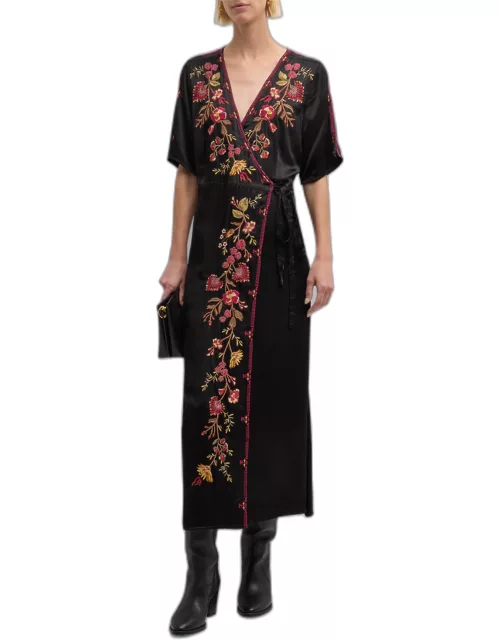 Lilith Floral-Embroidered Wrap Dres