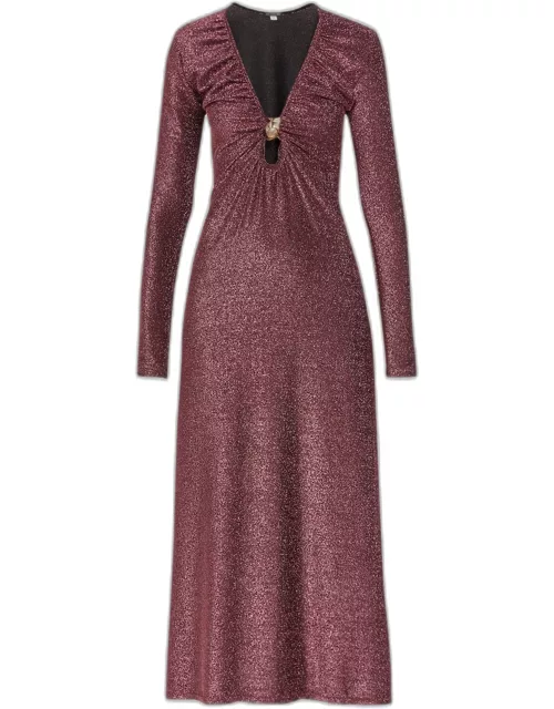 Impala Dancing Metallic Knit Maxi Dress with Leather Brooch